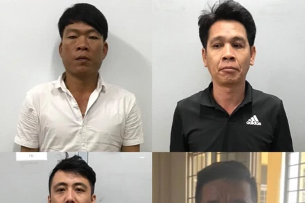 Các đối tượng bị bắt chiều ngày 29-10 gồm Võ Văn Lương (tức Hai Lượng, áo trắng), Nguyễn Quốc Vinh, Bùi Đức Ngọc và Nguyễn Văn Thái (tức Thái “Bus”). (Ảnh: Trang Thông tin Công an tỉnh Kiên Giang)