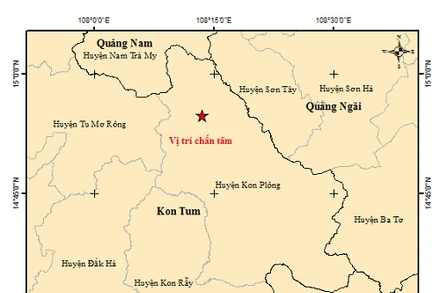 Vị trí tâm chấn trận động đất thứ 6 xảy ra trong ngày tại huyện Kon Plông, tỉnh Kon Tum. (Ảnh: Viện Vật lý Địa cầu)