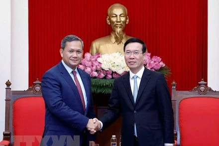 Thường trực Ban Bí thư Võ Văn Thưởng tiếp ông Hun Manet, Phó Tổng Tư lệnh kiêm Tư lệnh Lục quân Quân đội Hoàng gia Campuchia. (Ảnh: An Đăng/TTXVN) 