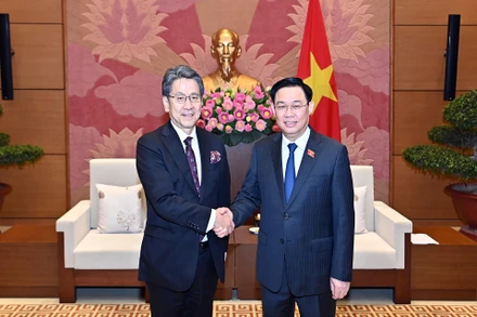 Chủ tịch Quốc hội Vương Đình Huệ và Chủ tịch Hội đồng Quản trị Ngân hàng hợp tác quốc tế Nhật Bản Tadashi Maeda tại buổi tiếp. (Ảnh Duy Linh)
