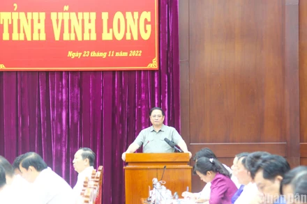 Thủ tướng Phạm Minh Chính phát biểu chỉ đạo tại buổi làm việc với Tỉnh ủy Vĩnh Long. (Ảnh: BÁ DŨNG).