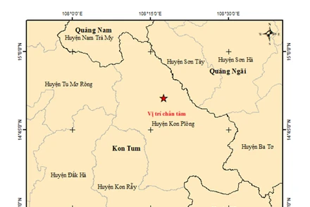 Bản đồ tâm chấn trận động đất thứ 4 trong sáng 31/3 tại huyện Kon Plông
