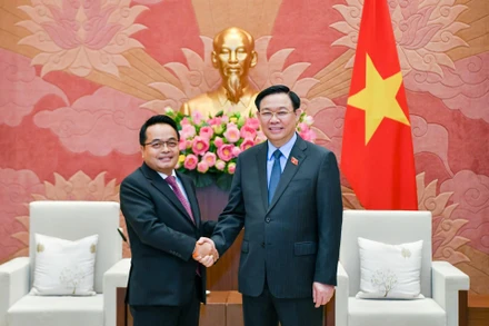 Chủ tịch Quốc hội Vương Đình Huệ và Chủ tịch Kiểm toán Lào Viengthavisone Thephachanh tại buổi tiếp. (Ảnh: Duy Linh)