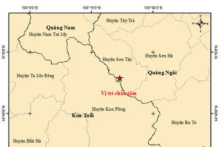 Tâm chấn trận động đất mới nhất xảy ra sáng 30/5 tại tỉnh Quảng Ngãi. (Ảnh: Viện Vật lý Địa cầu)