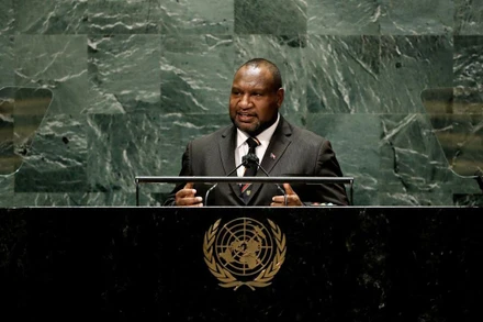 Ông James Marape phát biểu ý kiến trước Đại hội đồng Liên hợp quốc, ngày 24/9/2021. (Ảnh: Reuters)