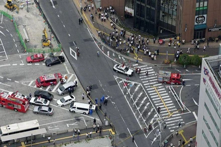 Hiện trường ông Abe bị tấn công bằng súng. (Ảnh: Kyodo/Reuters)