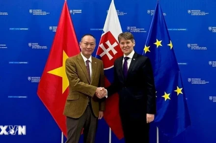 Đại sứ Việt Nam tại Slovakia Phạm Trường Giang và Thứ trưởng Thứ nhất phụ trách chính trị Bộ Ngoại giao và các vấn đề châu Âu của Slovakia Marek Estok. Ảnh: TTXVN 