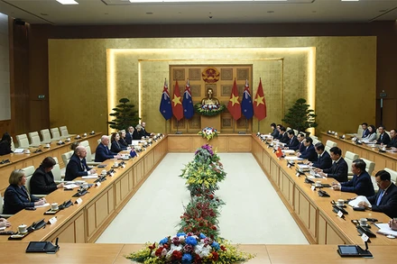 Quang cảnh hội đàm giữa Thủ tướng Phạm Minh Chính và Thủ tướng New Zealand Christopher Luxon. (Ảnh: TRẦN HẢI)