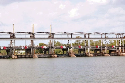 Cống thủy lợi Láng Thé phía sông Cổ Chiên, ngăn mặn, trữ ngọt phục vụ sản xuất trong mùa khô 2023-2024 tại Trà Vinh.