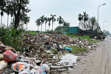 Tình trạng đổ trộm rác thải diễn ra thường xuyên dọc Đại lộ Thăng Long, Hà Nội. (Ảnh: MẠNH HIỂN)