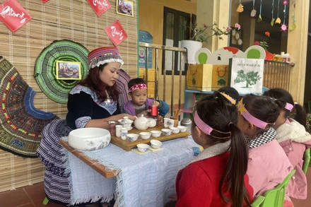 Cô giáo Đỗ Thùy Quyên cùng học sinh tham gia hoạt động bảo tồn trong không gian Trà Suối Giàng.