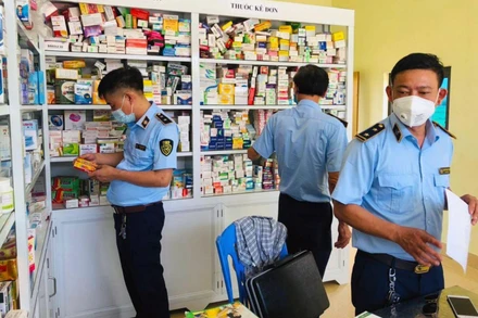 Cán bộ Đội Quản lý thị trường số 4, Cục Quản lý thị trường tỉnh Hà Tĩnh kiểm tra một cơ sở kinh doanh dược phẩm trên địa bàn. (Ảnh: THU THỦY)