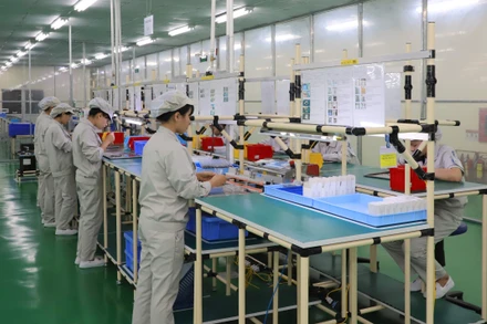 Sản xuất linh kiện điện tử tại Công ty Origin Manufactures Vietnam (doanh nghiệp FDI Nhật Bản) tại Khu công nghiệp Đồng Văn, tỉnh Hà Nam. (Ảnh: MINH HÀ)