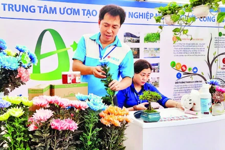 Anh Lê Trung Hiếu và các sản phẩm hoa tươi nhuộm mầu, hoa tươi sử dụng dung dịch ion đồng tại Hội chợ-Triển lãm giống, nông nghiệp công nghệ cao Thành phố Hồ Chí Minh năm 2022.