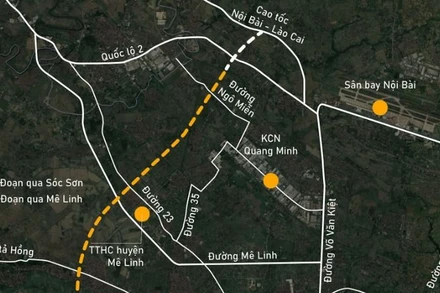Sơ đồ tuyến đường Vành đai 4 đang xây dựng qua huyện Mê Linh.