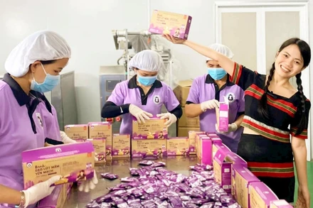 Chị Võ Thị Minh Nga đang điều hành xưởng sản xuất thực phẩm rộng 600m2 với 20 nữ công nhân. (Ảnh Nhân vật cung cấp)