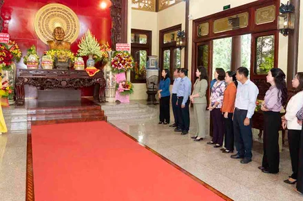 Du khách nghe giới thiệu về cuộc đời cách mạng của Bác Tôn tại Khu lưu niệm.