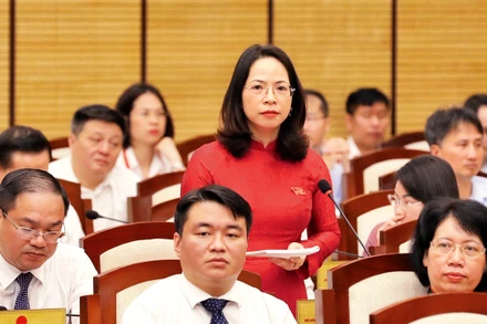 Ðại biểu HÐND thành phố Hà Nội phát biểu tại phiên chất vấn về việc thực hiện các cơ chế, chính sách phát triển nông nghiệp. (Ảnh ÐĂNG ANH)