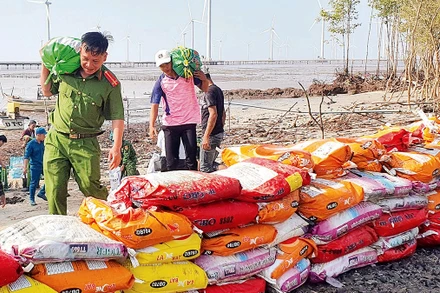 Do bị mất rừng phòng hộ, tuyến đê biển ở Bạc Liêu thường xuyên bị sạt lở nghiêm trọng. Trong ảnh: Các lực lượng chức năng hỗ trợ người dân tạm thời ngăn không cho nước biển tràn vào khu vực dân cư. (Ảnh CTV)