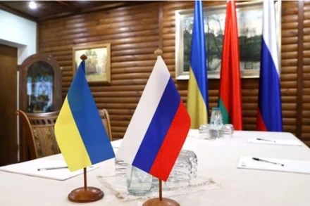 Tư liệu một cuộc đàm phán giữa phái đoàn Nga và Ukraine tại Belovezhskaya Pushcha, chụp ngày 7/3/2022. (Ảnh: Tân Hoa xã)