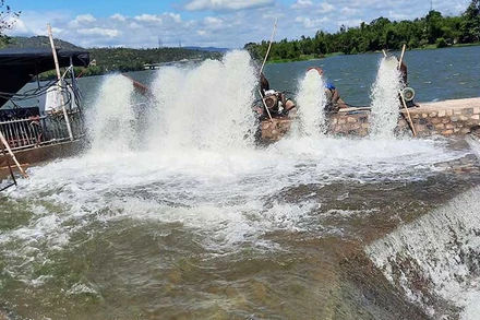 Công ty TNHH MTV Thủy nông Đồng Cam lắp đặt máy bơm nước từ sông Ngân Sơn đổ vào các cống phục vụ tưới tiêu tại huyện Tuy An.