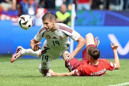 Varga đánh đầu ghi bàn thắng danh dự cho Hungary trong trận thua Thụy Sĩ 1-3.