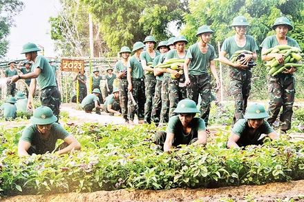 Các chiến sĩ lực lượng vũ trang trong Khối Thi đua quân sự địa phương Quân khu 7 tăng gia sản xuất. (Ảnh Quân khu 7)