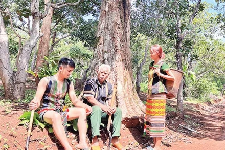 Già làng Điểu Lên (xã Bình Minh, huyện Bù Đăng) giáo dục con cháu về truyền thống cách mạng của người S’tiêng.