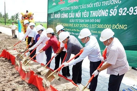 Lãnh đạo tỉnh Sóc Trăng và các nhà tài trợ thực hiện nghi thức khởi công cụm cầu nông thôn.