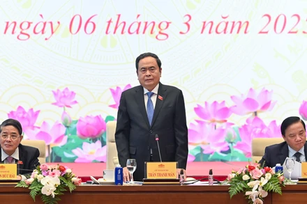 Chủ tịch Quốc hội Trần Thanh Mẫn phát biểu tại cuộc gặp mặt. (Ảnh: Duy Linh)