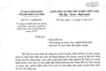 Văn bản của Chủ tịch UBND TP Cần Thơ chỉ đạo cán bộ, công viên chức nâng cao nhận thức về sử dụng mạng xã hội.