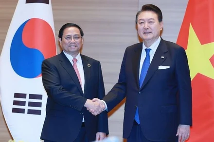 Thủ tướng Phạm Minh Chính và Tổng thống Hàn Quốc Yoon Suk Yeol. (Ảnh: Dương Giang)