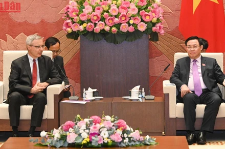 Chủ tịch Quốc hội Vương Đình Huệ và Đại sứ Pháp Nicolas Warnery tại buổi tiếp. (Ảnh Duy Linh)