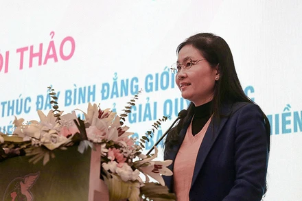 Đồng chí Tôn Ngọc Hạnh, Ủy viên dự khuyết Trung ương Đảng, Phó Chủ tịch Hội Liên hiệp Phụ nữ Việt Nam, Phó Trưởng Ban Chỉ đạo Dự án 8 Trung ương phát biểu ý kiến khai mạc hội thảo. 