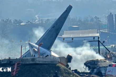 Hiện trường vụ tai nạn máy bay tại Muan, tỉnh Nam Jeolla, Hàn Quốc, ngày 29/12/2024. (Ảnh: AA/TTXVN) 