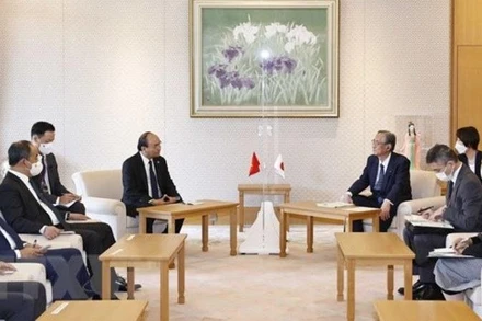 Chủ tịch nước Nguyễn Xuân Phúc hội kiến Chủ tịch Hạ viện Nhật Bản Hosoda Hiroyuki. (Ảnh: TTXVN)