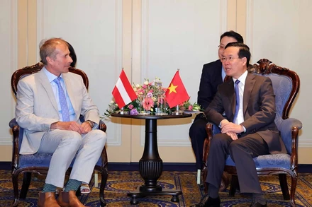 Chủ tịch nước Võ Văn Thưởng tiếp Chủ tịch Hội Hữu nghị Áo-Việt Nam Alfred Gerstl. (Ảnh: TTXVN)
