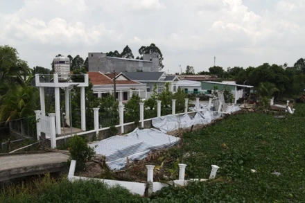 Hiện trạng sạt lở tại Vàm Cỏ Tây (khu vực đê bao liên ấp Bến Kè, Nước Trong, Voi Đình, xã Thủy Đông, huyện Thạnh Hóa) đang lập phương án khắc phục. 