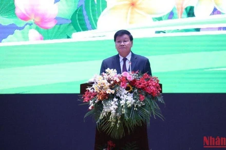 Tổng Bí thư, Chủ tịch nước Lào Thongloun Sisoulith phát biểu tại lễ kỷ niệm. (Ảnh: XUÂN SƠN)