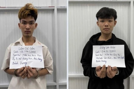 Đối tượng Lâm Chí Lâm và Trương Văn Thành đã bị tạm giữ. (Ảnh do Công an tỉnh Bình Dương cung cấp)