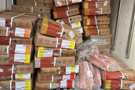 Khoảng 800kg thịt đông lạnh chưa rõ nguồn gốc trên xe đã bị tạm giữ.