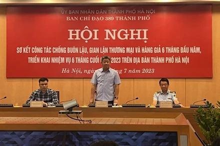 Trưởng Ban Chỉ đạo 389 thành phố Hà Nội Nguyễn Mạnh Quyền phát biểu chỉ đạo. 