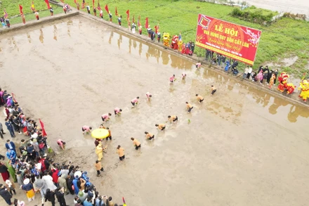 Toàn cảnh Lễ hội vua Hùng dạy dân cấy lúa. Đây là Lễ hội mang tính đặc trưng tiêu biểu khởi thủy của nghề trồng lúa nước ở Việt Nam gắn liền với thời đại Hùng Vương dựng nước.