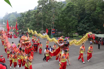 Dẫn đầu các đoàn rước kiệu là đội múa lân sư rồng.