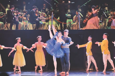 Nsưt Đàm Hàn Giang và vũ công Thu Huệ trong vở ballet Kẹp hạt dẻ.