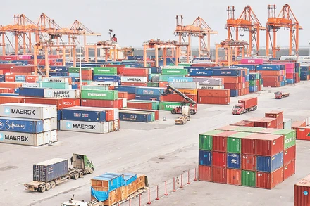 Bốc xếp hàng hóa xuất nhập khẩu tại cảng Tân Vũ, Hải Phòng. (Ảnh: MINH HÀ)