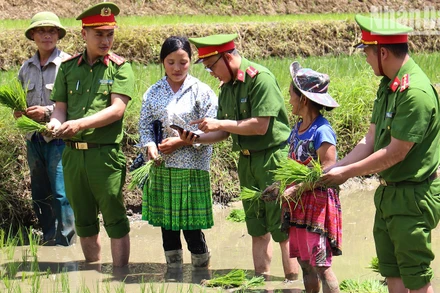 Tranh thủ trong những ngày mùa vụ, lực lượng công an xã Hồng Ngài, huyện Bắc Yên tuyên truyền về cài đặt định danh điện tử cho người dân.