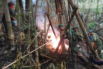Cán bộ, chiến sĩ Đồn Biên phòng Mường Lèo phối hợp tham gia dập lửa tại bản Liềng.