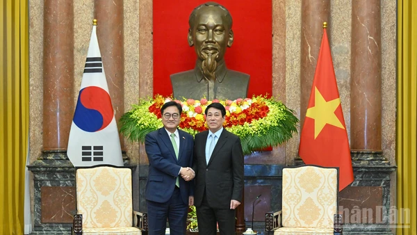 Chủ tịch nước Lương Cường và Chủ tịch Quốc hội Hàn Quốc Woo Won Shik.