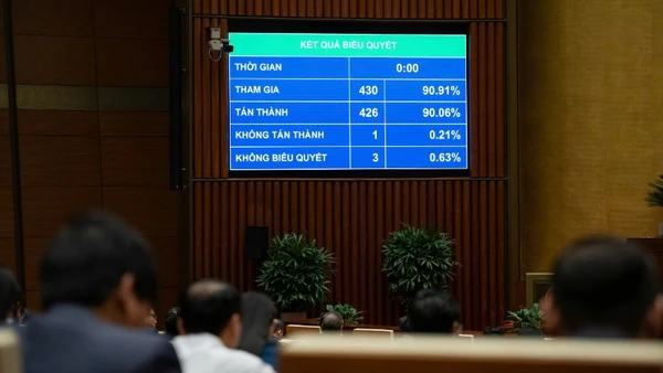 Quốc hội biểu quyết thông qua Luật Thi hành tạm giữ, tạm giam và cấm đi khỏi nơi cư trú. (Ảnh: DUY LINH)